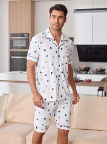 Heart Print Short Sleeve Top And Shorts Pajama Set For Men - Multicolor - View 3