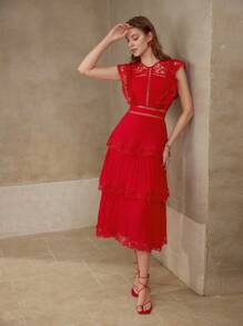 MOTF PREMIUM CONTRAST LACE TIERED LAYER DRESS - Red - View 2