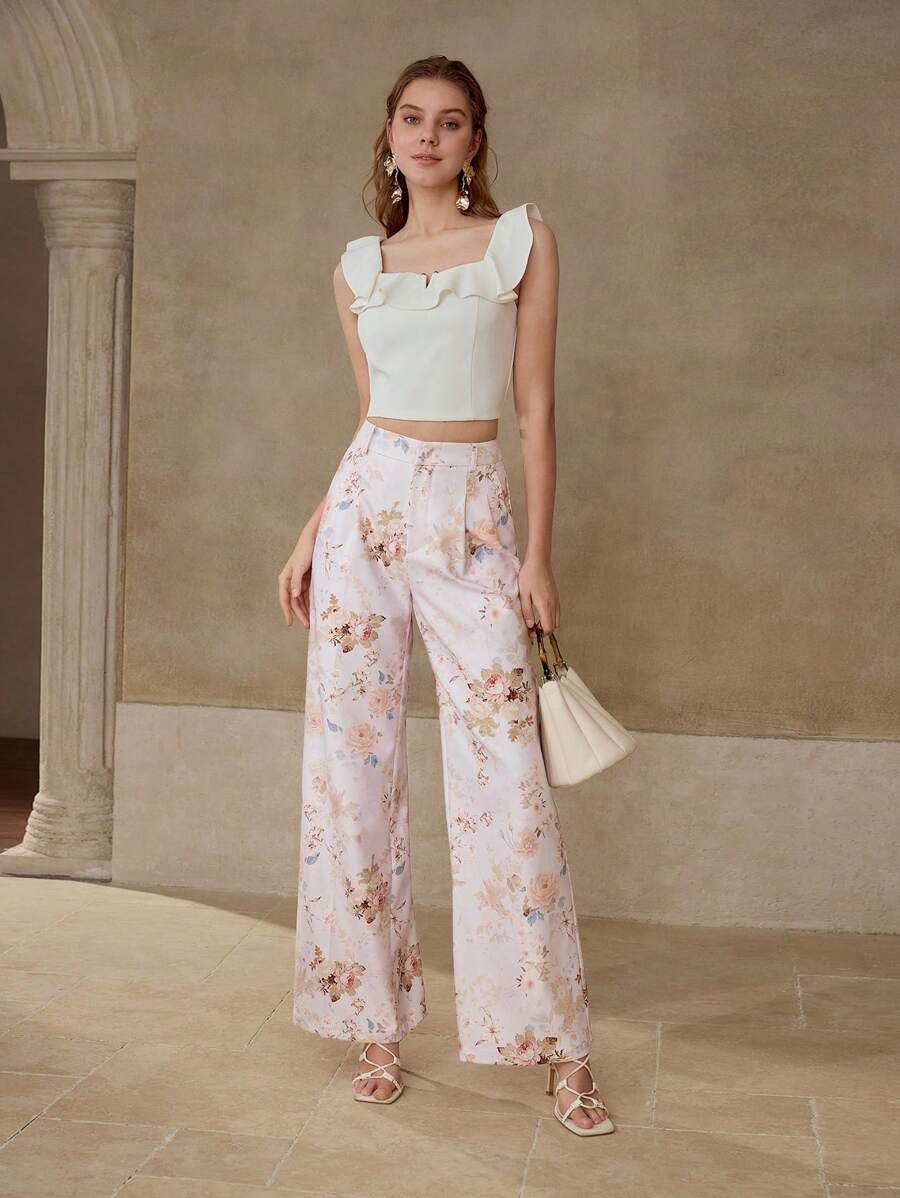 MOTF PREMIUM FLORAL PRINT WIDE LEG SUIT PANTS - Pink - View 1