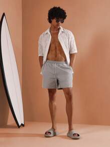 SUMWON 轻盈夏季沙滩泳裤运动训练泳池短裤水上运动泳板短款度假运动服弹力腰带抽绳泳衣 - 灰色 - 查看 2