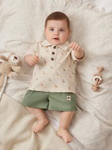 Cozy Pixies 2pcs/Set Newborn Baby Girl Soft Knit Crew Neck Short Sleeve Top And Elastic Waist Shorts Set - Green - View 3