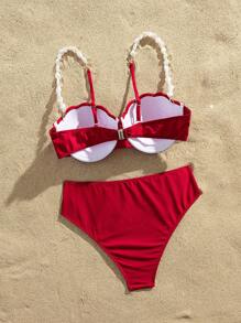Swim Vcay Springbreak Swim 2pcs Solid Color Bikini Set With Pearl Strap & Shell Decor Hard Cup Swimwear, For Summer Beach Vacation - Red - View 4