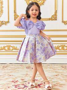 SHEIN 2 Pieces Young Girls Set: Woven Solid Puff Sleeve Top + Woven Jacquard Skirt - Purple - View 3