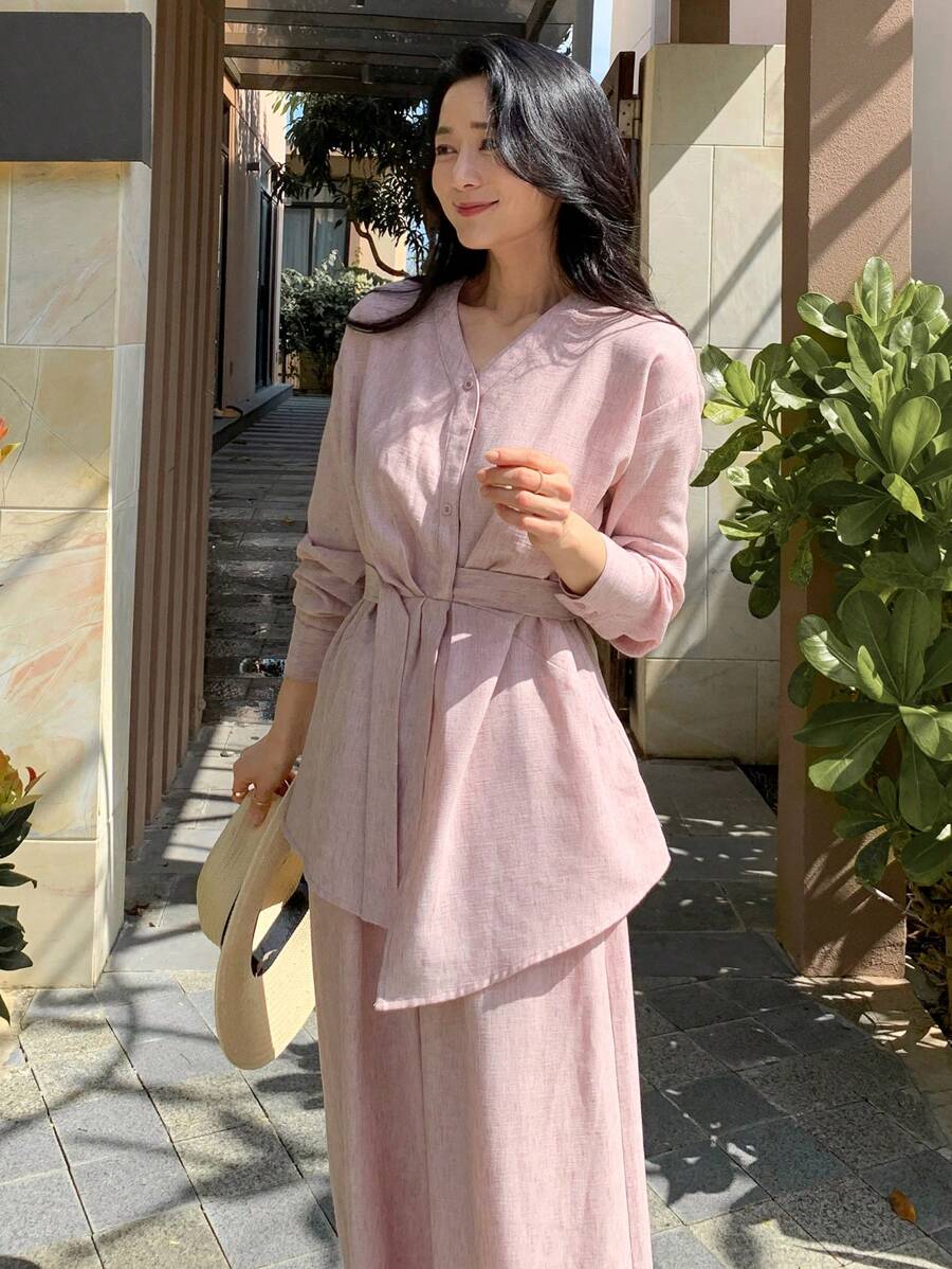 Women Elegant Asymmetrical Blouse And Wide-Leg Pants Two-Piece Sets Lounge Sets For Women - Pink - View 1