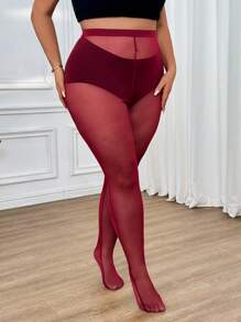 SHEIN CURVE+ Leggings de malla transparente para mujer de talla grande - Burdeos - Ver 5