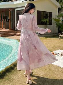 DAZY 女士扎染印花立领灯笼袖褶裥优雅中长连衣裙，秋季长袖印花连衣裙 - 紫色 - 查看 5