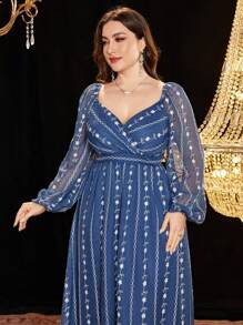 Modelyn Vestido de gasa con bordado floral, cuello cruzado con volantes, manga farol, estilo elegante y fluido, cómodo y romántico, para mujer tallas grandes - Azul - Ver 7