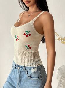 Lunelith SHEIN Lunessa Top sin mangas de punto en color albaricoque con bordado de cerezas hueco y cuello en V, de estilo minimalista y elegante, para verano