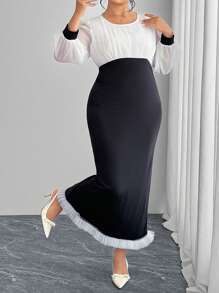 Modelyn Plus Size Chiffon Ruched Colorblock Elegant Dress - Black and White - View 4