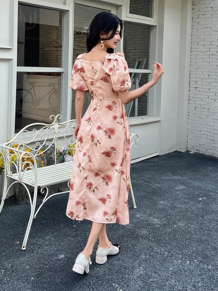 Summer Women Midi Rose Floral Print Square Neck Dress Vacation Outfits Women