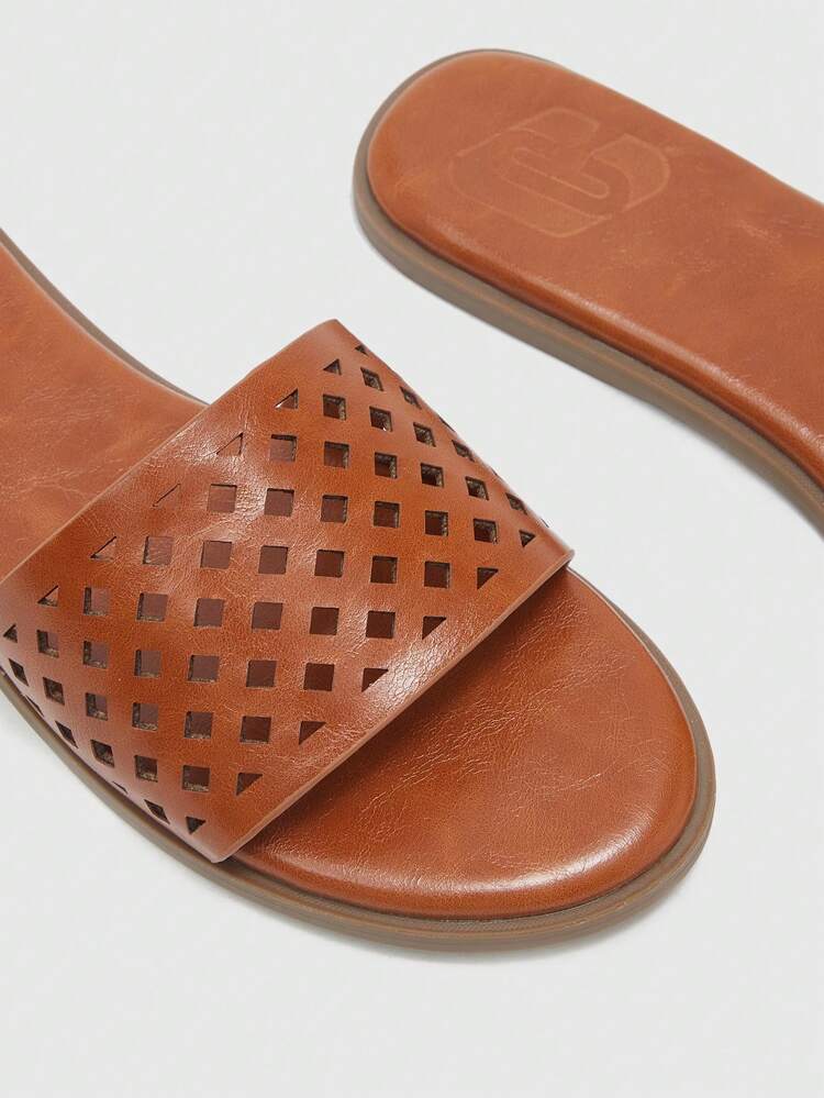 CUCCOO BIZCHIC Brown Laser Cut Rhombus Pattern Simple Fashion Versatile Women Flat Sandals Slippers