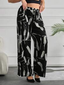 SHEIN Cottnline Plus Women Wide Leg Pants Allover Print With Pocket And Drawstring - Black and White - View 3