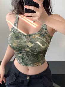 DAZY 休闲迷彩印花修身短款背心 - 軍綠色 - 查看 4