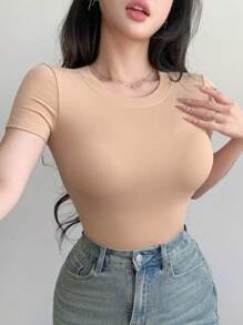 DAZY Women Casual Versatile Solid Color Short Sleeve T-Shirt,Back To School Clothes - Camel - View 6