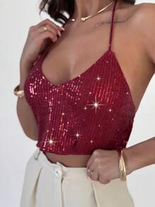 Firerie Elegant Sexy Halter Neck Backless Sequin Sleeveless Cami Crop Top, Party, Motorcycle, Clubwear Style, Burgundy Red Concert Rave Women - Burgundy - View 3