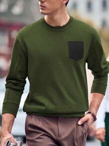 Manfinity Dauomo Men's Solid Color Patchwork Round Neck Long Sleeve Pocket Casual Sweatshirt - Coffee Brown - View 3