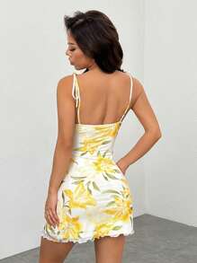 SHEIN PETITE Women's Floral Print Tie Front Bodycon Slip Dress, For Vacation,Sun Dress