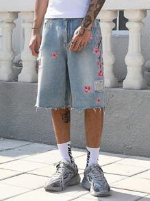 ROMWE MEN Street Life Summer Casual Men'S Floral Embroidery Loose Denim Shorts Jorts - Light Wash - View 5