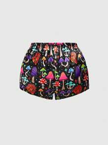 ThisUniqueVibe Magical Colorful Mushroom Print Camisole & Shorts Satin Pajama Set, Casual Loungewear