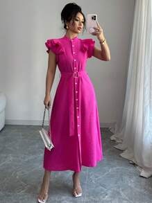 Elenzga New Solid Color Ruffle Collar Puff Sleeve Cinched Cinched Waist Shift Dress For Women - Hot Pink - View 4