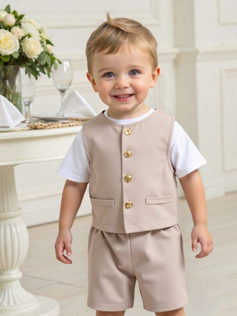 SHEIN Bộ 3 áo thun cổ tròn tay ngắn màu mơ cho bé trai/bé gái, áo ba lỗ không tay và quần short cạp chun, phong cách Hàn Quốc thường ngày, thích hợp cho tiệc sinh nhật, lễ rửa tội, lễ kỷ niệm sinh nhật lần thứ 1, tiệc tối, biểu diễn, đám cưới và các dịp khác - Màu Khaki - Xem 1
