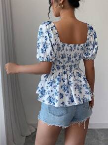 Elenzga 全新设计女式方领泡泡袖收腰荷叶边下摆小碎花休闲优雅衬衫 - 彩色 - 查看 2