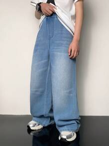 SHEIN Tween Boy Y2k Fashion Casual Based Blue Cel Cool Feeling Denim Baggy Jeans For Boy Costume Dailywear And The Four Seasonsr Kids Clothes