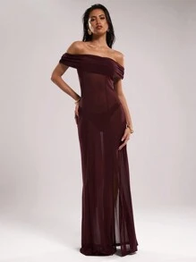 SHEIN BAE Vestido largo de gasa con hombros descubiertos y abertura lateral transparente, para conjunto de verano de playa, vacaciones, vestidos de verano para mujer, ropa de playa, vestidos de playa para mujeres, conjuntos de 2 piezas, ropa occidental para mujer, cubiertas de playa occidentales para trajes de baño, vestidos largos para mujeres