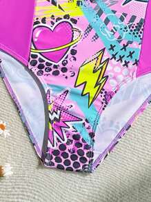 SHEIN Tween Girl Printed Patchwork Long Sleeve One-Piece Swimsuit Summer Pink Swim Bohemian Summer Holiday Cute