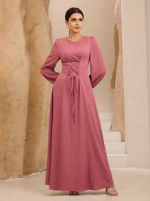 Graceveil 女士洋红色圆领长袖弹性袖口前系腰连衣裙 - 紅色 - 查看 1