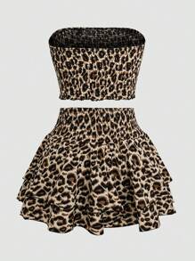 Sweetra 2pcs Set: Leopard Print Bandeau Top & Leopard Print Skirt - Multicolor - View 2