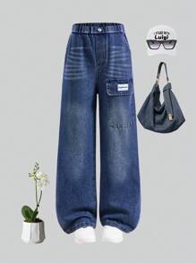 SHEIN Tween Boy Letter Print Cargo Pocket Wide Leg Jeans Cute Baggy Jeans Blue Jeans Baggy Baggy Jeans Girl Baggy Jeans With Design Cheap Baggy Jeans - Blue - View 1