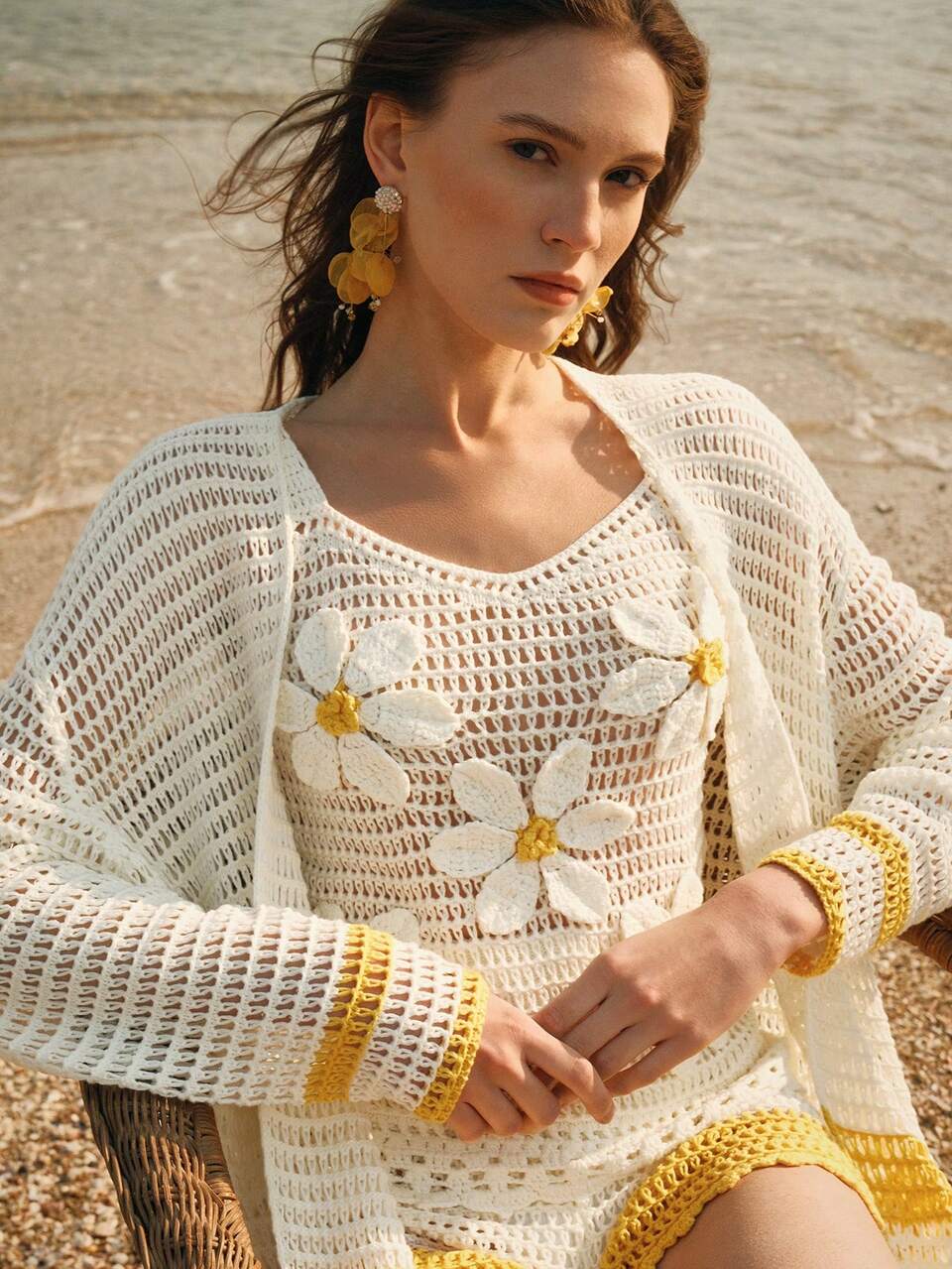 3pcs/Set Women Casual Vacation Hollow Crochet Design Outfit Set, Summer, Beach, Vacation, Elegant