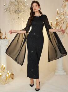 Modelyn Women's Elegant Party Cloak Sleeve Fitted Dress - Black - View 2