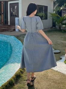 DAZY Women's Vacation Casual Puff Sleeve Waist Cinched Denim Dress