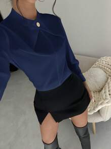 Firerie Women's Elegant Commute Fitted White Shirt With Crossed Neckline & Metal Decor - Navy Blue - View 7