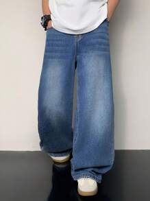 SHEIN 适合青少年男孩的复古棉质时尚休闲蓝色牛仔宽松舒适直筒童牛仔裤，柔软舒适，适合日常穿着和四季穿着。 - 藍色 - 查看 5