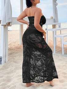 SHEIN VCAY Plus Size Vacation Lace Tube Top Slim Fit Long Dress - Black - View 2