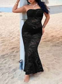 SHEIN VCAY Plus Size Vacation Lace Tube Top Slim Fit Long Dress - Black - View 5