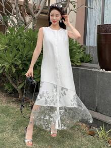 DAZY 女士优雅亮片刺绣网眼拼布中长连衣裙，适合夏季 - 白色 - 查看 3