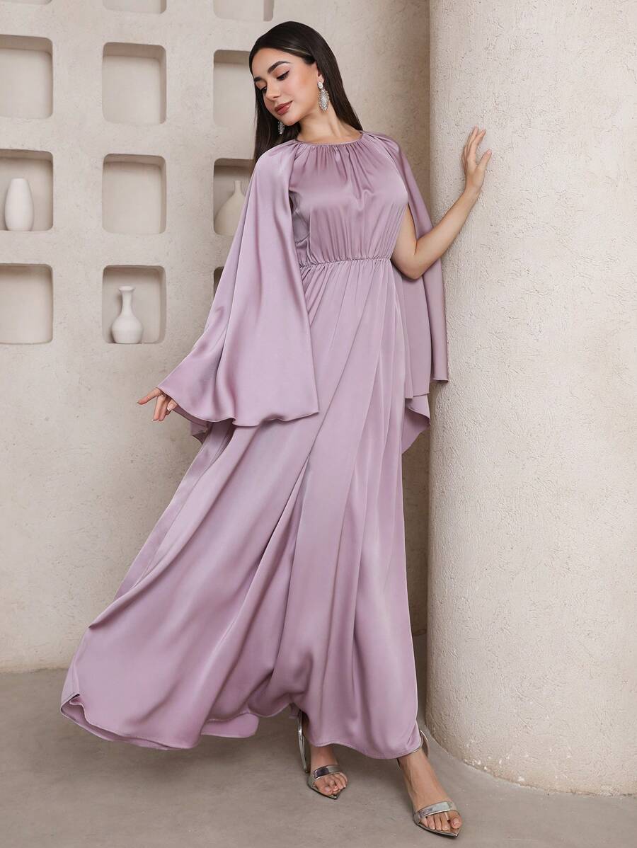 Veilorie Women's Solid Color Round Neck Poncho Sleeve Elegant Arabic Style Dress - Dusty Pink - View 1