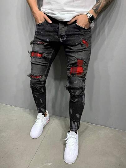 Grunge Punk Jeans strappati in cotone con motivo a quadri a contrasto, per la scuola