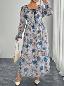 Modelyn Vestido de manga larga con estampado floral vintage de gasa con nudo delantero para mujer de talla grande - Azul - Ver 3