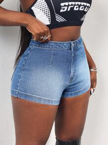 SHEIN Slayr 女士纽扣腰部设计休闲紧身牛仔短裤 - 藍色 - 查看 5