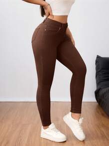 SHEIN Tall Women's Plain Simple Jeans, Fashionable For Summer - Coffee Brown - View 6