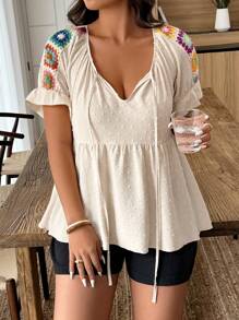 SHEIN Clasi Casual Crochet Patchwork Short Sleeve Plus Size Shirt - Apricot - View 5