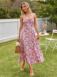 KARISMINA 女士花卉印花挂脖中长度假连衣裙 - 粉色 - 查看 6