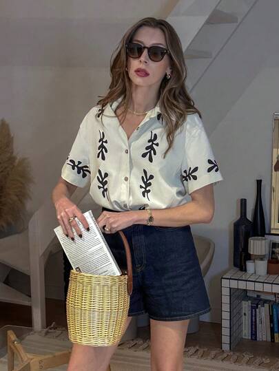 Pariaura Fashionable Women Vintage Floral Print Apricot Collared Short Sleeve Shirt