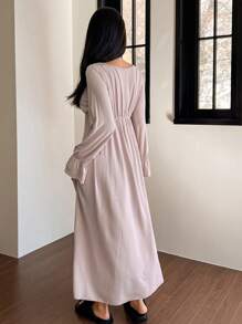 DAZY Bowknot Decor Cinched Waist Ruffle Hem Sleepwear Dress, Fall Pajama, Winter - Mauve Purple - View 2