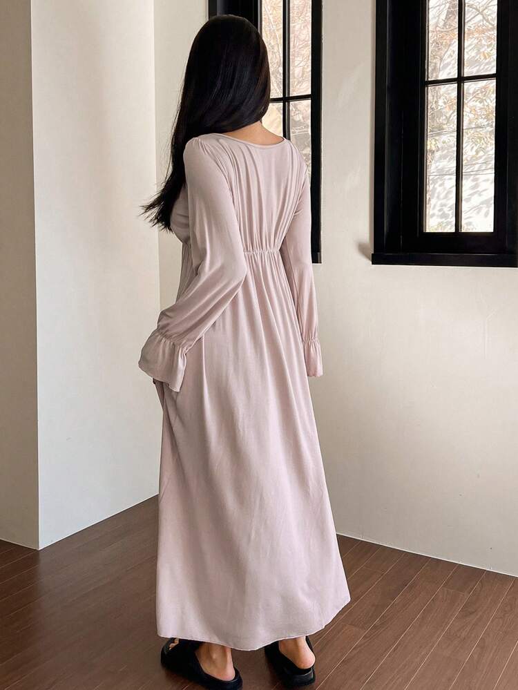 Bowknot Decor Cinched Waist Ruffle Hem Sleepwear Dress, Fall Pajama, Winter